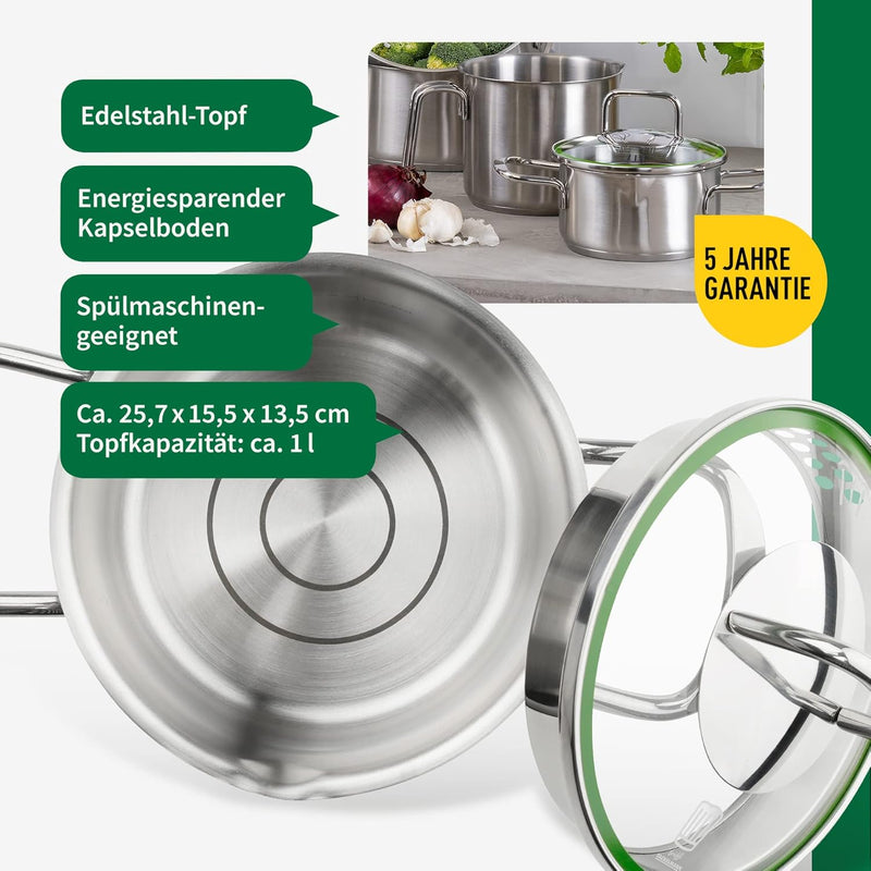 FACKELMANN Chefkoch Topf Ø14 cm München aus Edelstahl – Hochwertiger Kochtopf Ausschüttfunktion – Fü