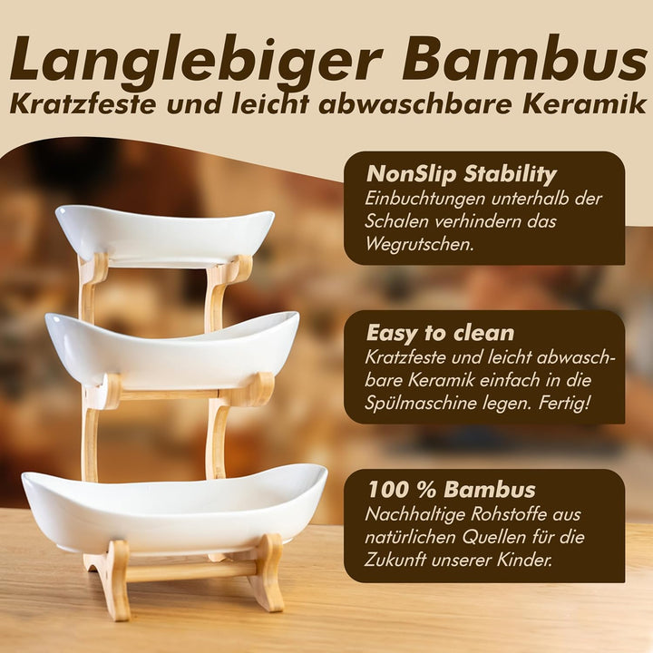 Obst Etagere 3 stöckig WEISS KERAMIK mit Bambusständer, Servierständer für Obst Snacks Gebäck, elega