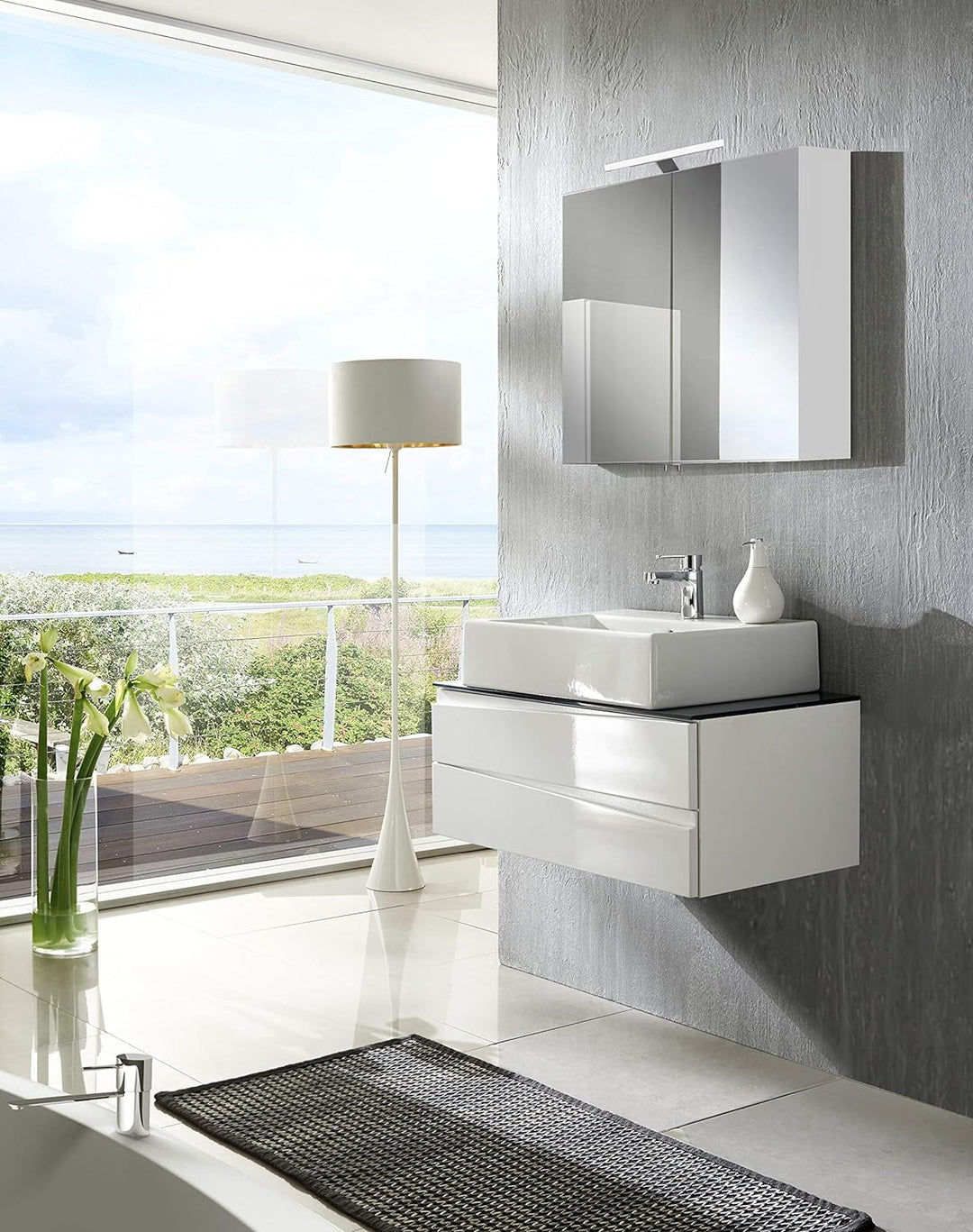 byLIVING Waschtisch SHAPE / Moderne Bad Kommode / Front Hochglanz Weiss / 2 Schubladen mit gefräster