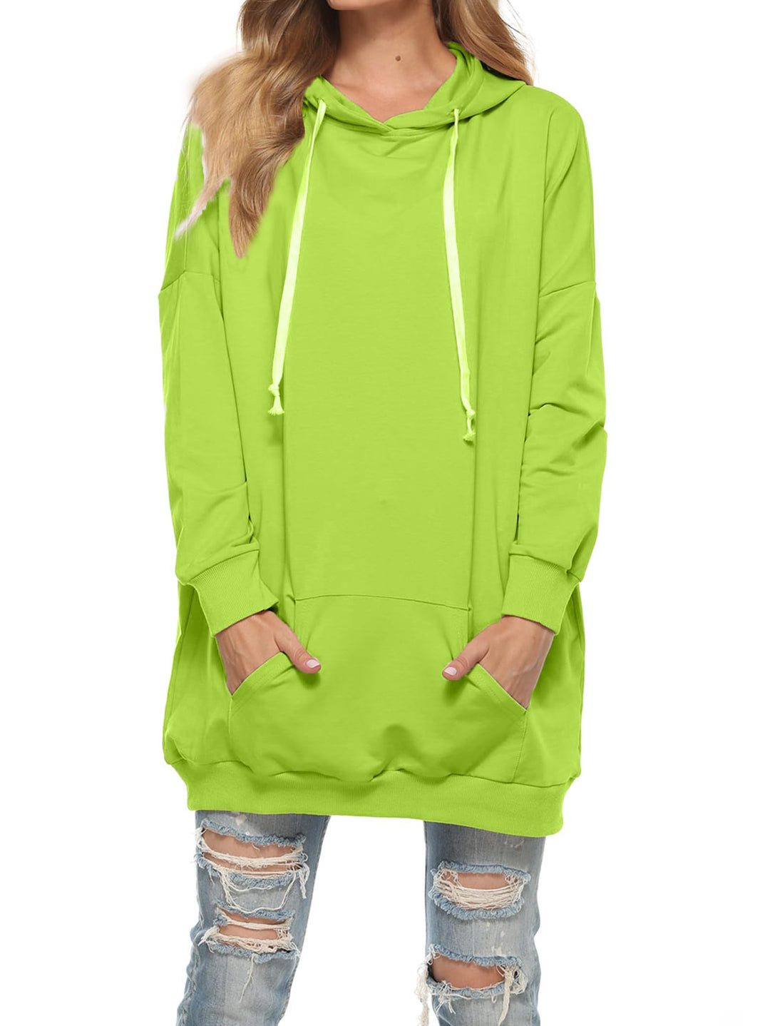 Famulily Damen Oversized Hoodie Kleid Baumwolle Lang Sweatshirt mit Kapuze Einfarbige Kapuzenpullove