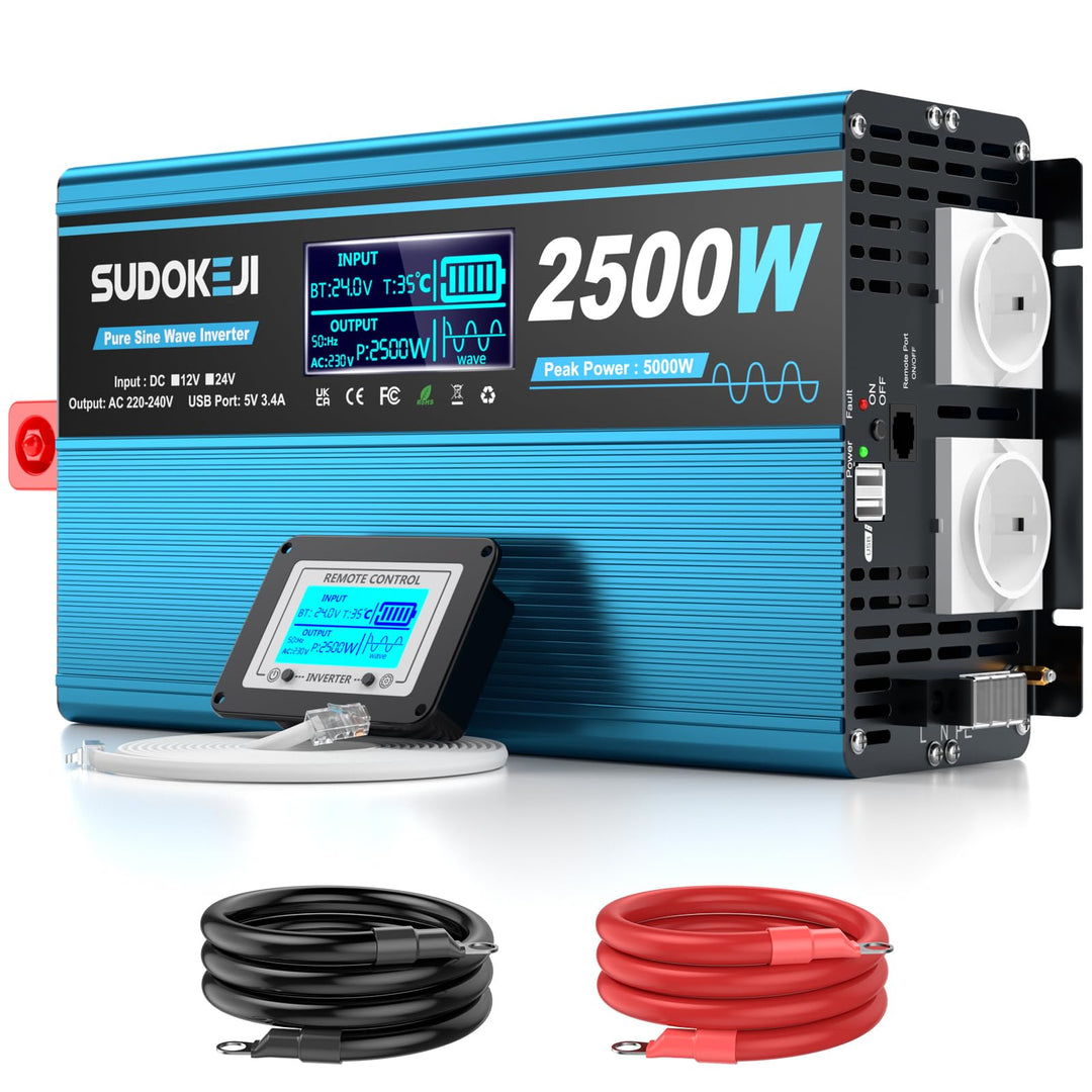 Wechselrichter 24V auf 230V Reiner Sinus 2500W Spannungswandler mit LCD-Bildschirm-Fernbedienung 2 E