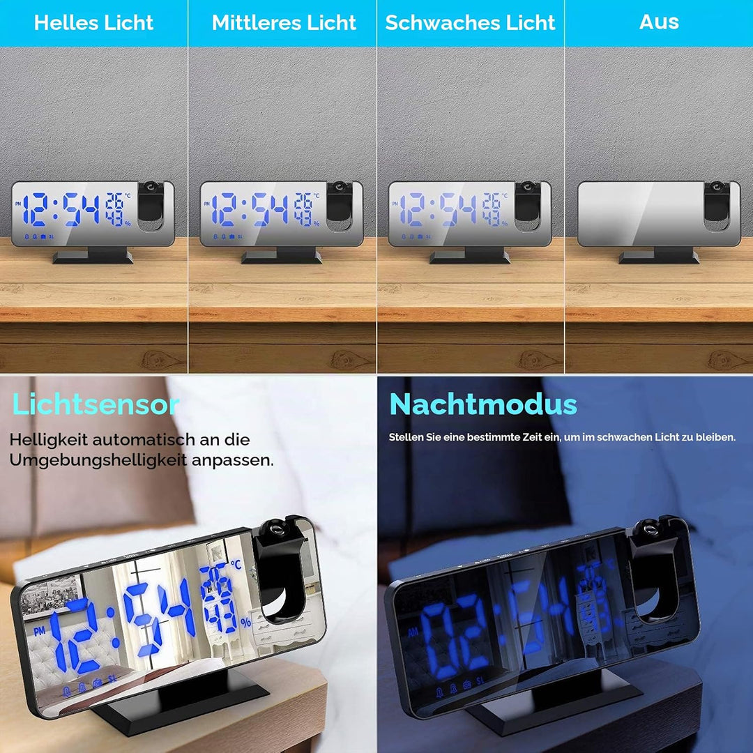 TAKRINK Wecker Digital Radiowecker mit 4 Stufen Bildschirmhelligkeit Projektionswecker mit Temperatu