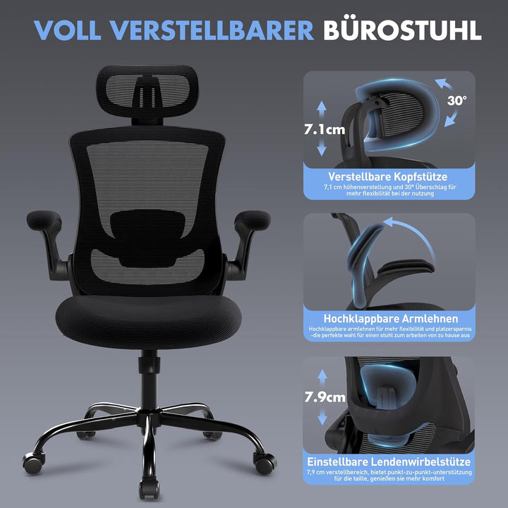 COLAMY Bürostuhl Ergonomisch, Netz-Schreibtischstuhl mit Verstellbarer Kopfstütze, Chefsessel Office