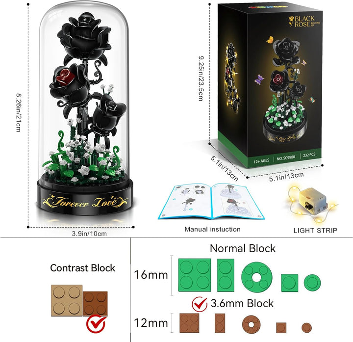 Blumen Rosen Bausatz mit LED Licht, 232 Teile Schwarzer Rosenstrauss, 3.6MM Blumenstrauss Baustein S