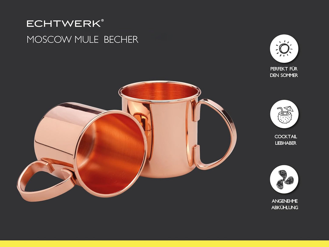 Echtwerk Kupferbecher-Set, Edelstahl-Gläser, Cocktail-Set, Cocktailgläser perfekt für Gin, Vodka, Bi