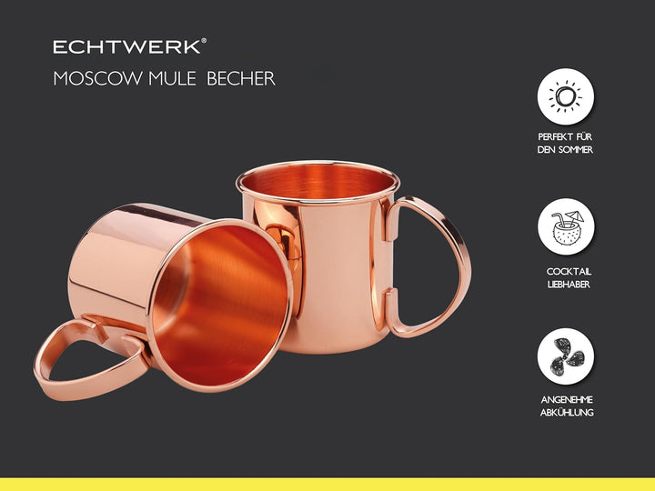 Echtwerk Kupferbecher-Set, Edelstahl-Gläser, Cocktail-Set, Cocktailgläser perfekt für Gin, Vodka, Bi