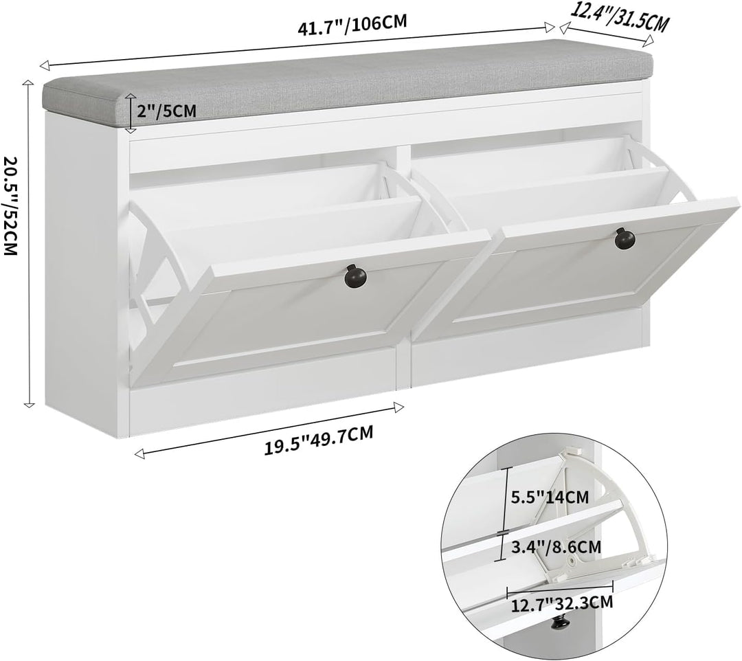 VOWNER Schuhschrank mit 2 Klappen, Schuhregal Schuhkipper Schmal, Sitzbank mit Sitzkissen, Verstellb