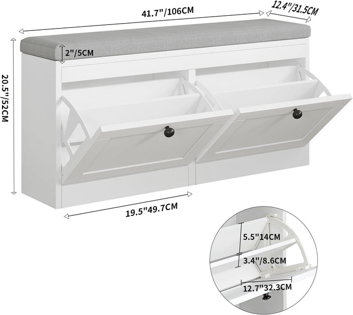 VOWNER Schuhschrank mit 2 Klappen, Schuhregal Schuhkipper Schmal, Sitzbank mit Sitzkissen, Verstellb