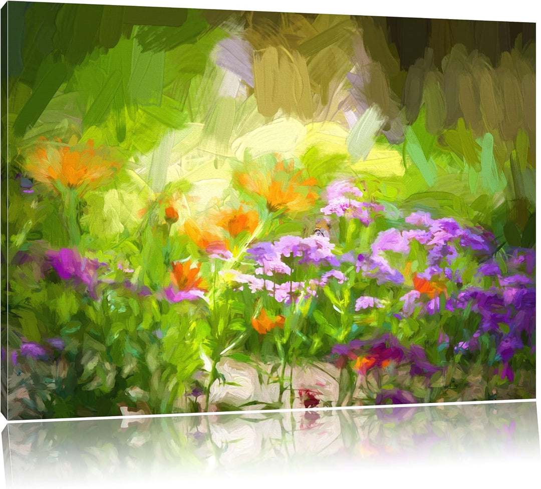 Blumenwiese Pinsel Effekt, Format: 100x70 auf Leinwand, XXL riesige Bilder fertig gerahmt mit Keilra