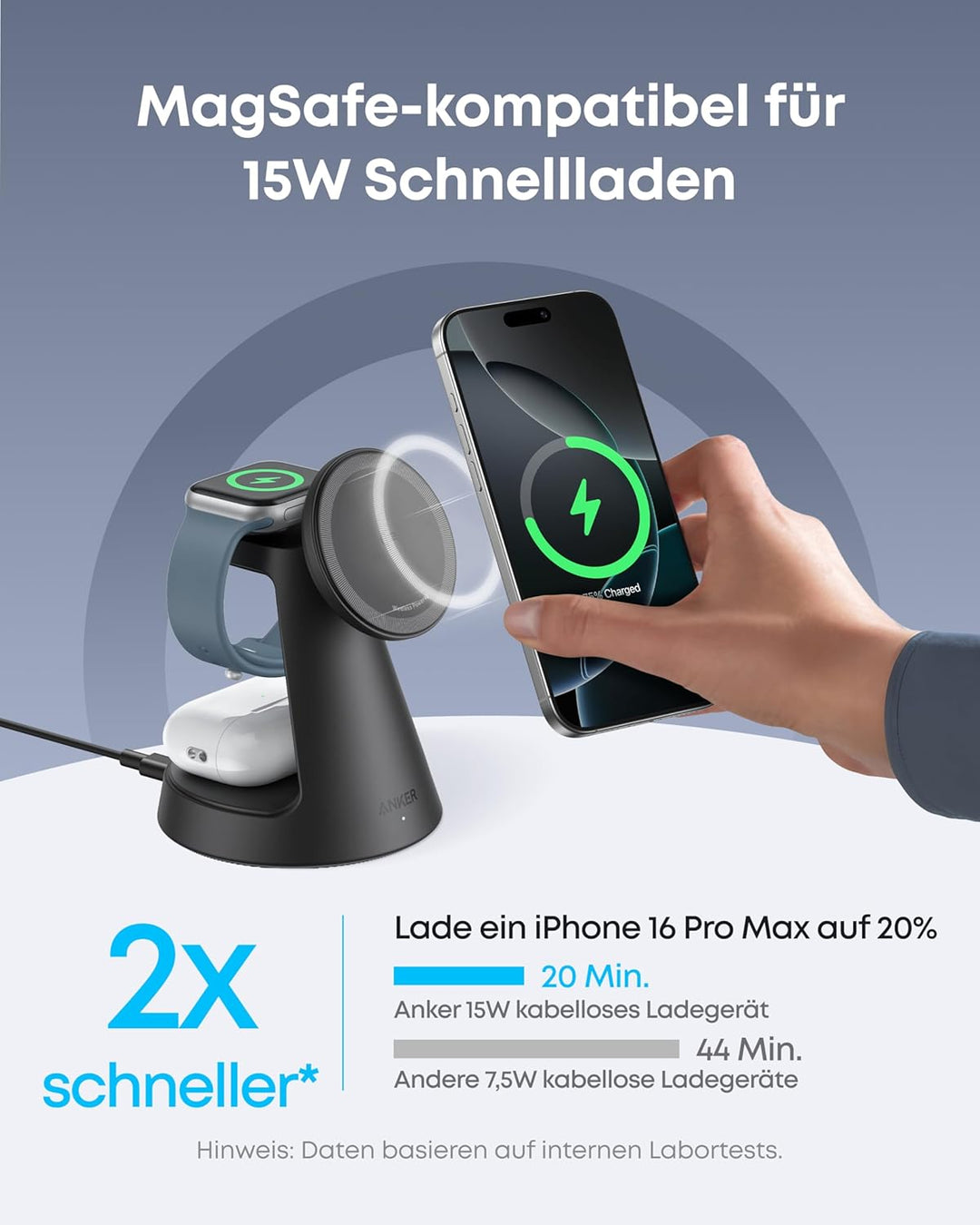 Anker MagGo 3-in-1 15W MagSafe kompatibles Ladegerät, iPhone Induktive Ladestation, Qi2-zertifiziert