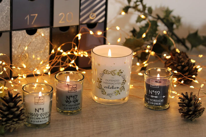 Origineller Adventskalender 2022 mit 25 Duftkerzen im Glas mit Spruch - Adventskalender kerzen - Deu