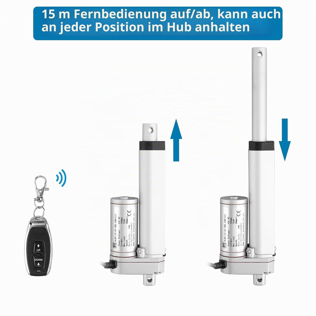 Linear Actuator DC 12V 750N 100mm + Drahtlose Fernbedienung Kit, Linearantrieb Motor Linearmotor Ver