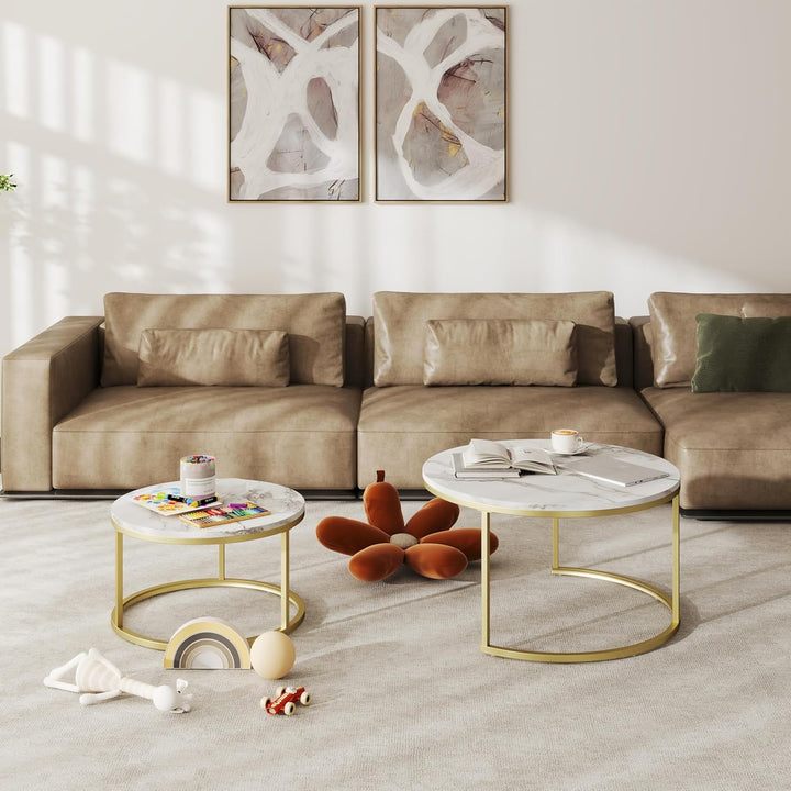 Soayone Couchtisch 2er Set, Marmor Couchtisch Gold, Wohnzimmertisch Weiss, Couchtische Rund, Tisch W