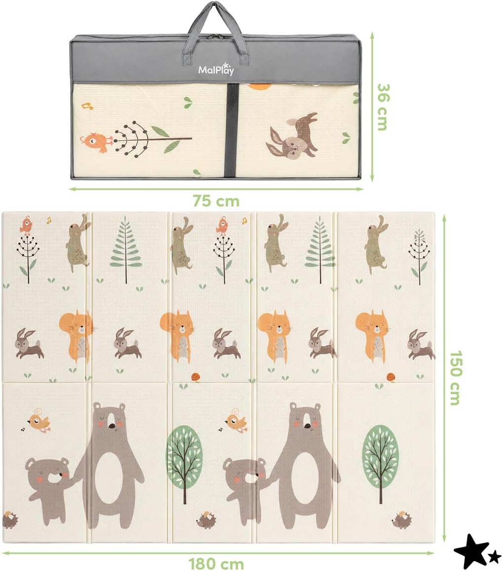 MalPlay Krabbelmatte Baby 150x180x1 cm Faltbar Playmat mit Tasche, Krabbeldecke Baby Teppich Spielde