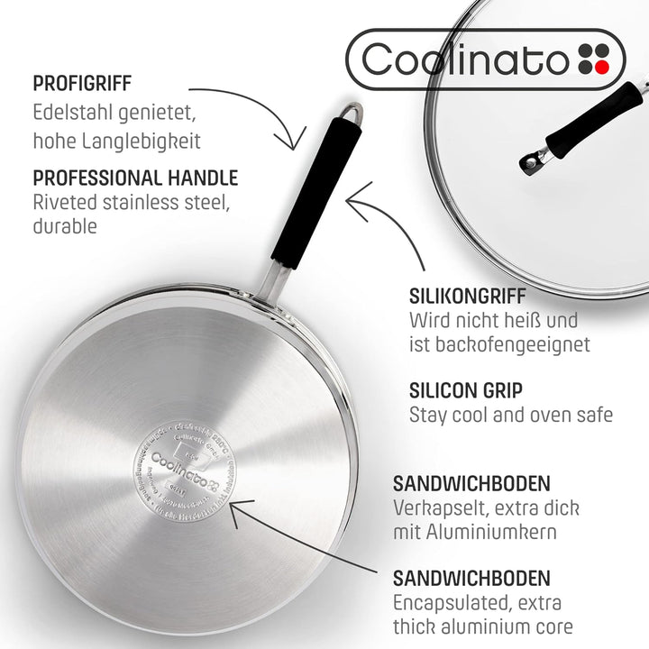 Coolinato Set aus Grillpfanne 26cm mit Glasdeckel, beschichtete Pfanne mit Deckel, Grillplatte rund