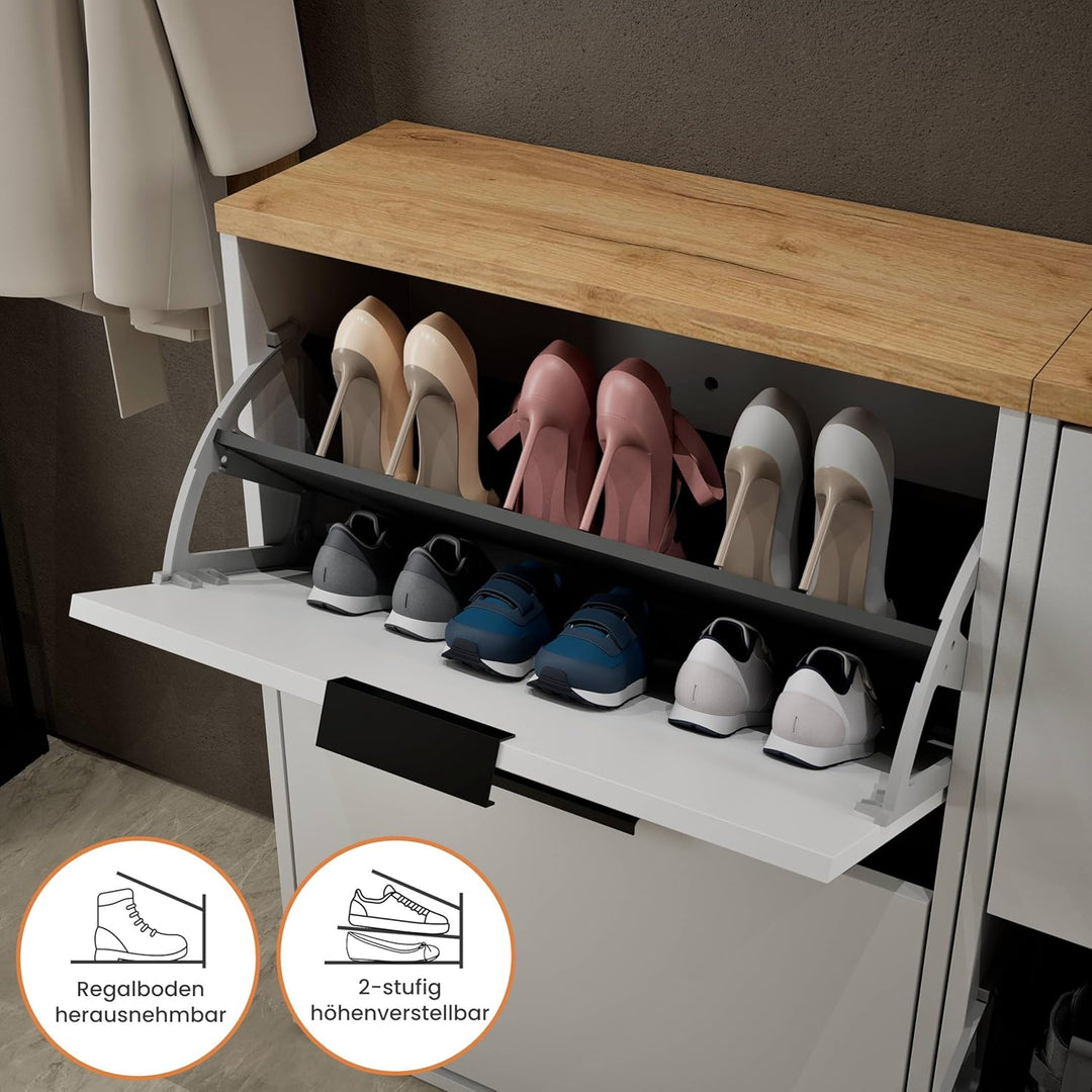 Planetmöbel 2 x Schuhschrank schmal inkl. runder Spiegel mit Beleuchtung 60 cm (2 Lichtstufen) Schuh