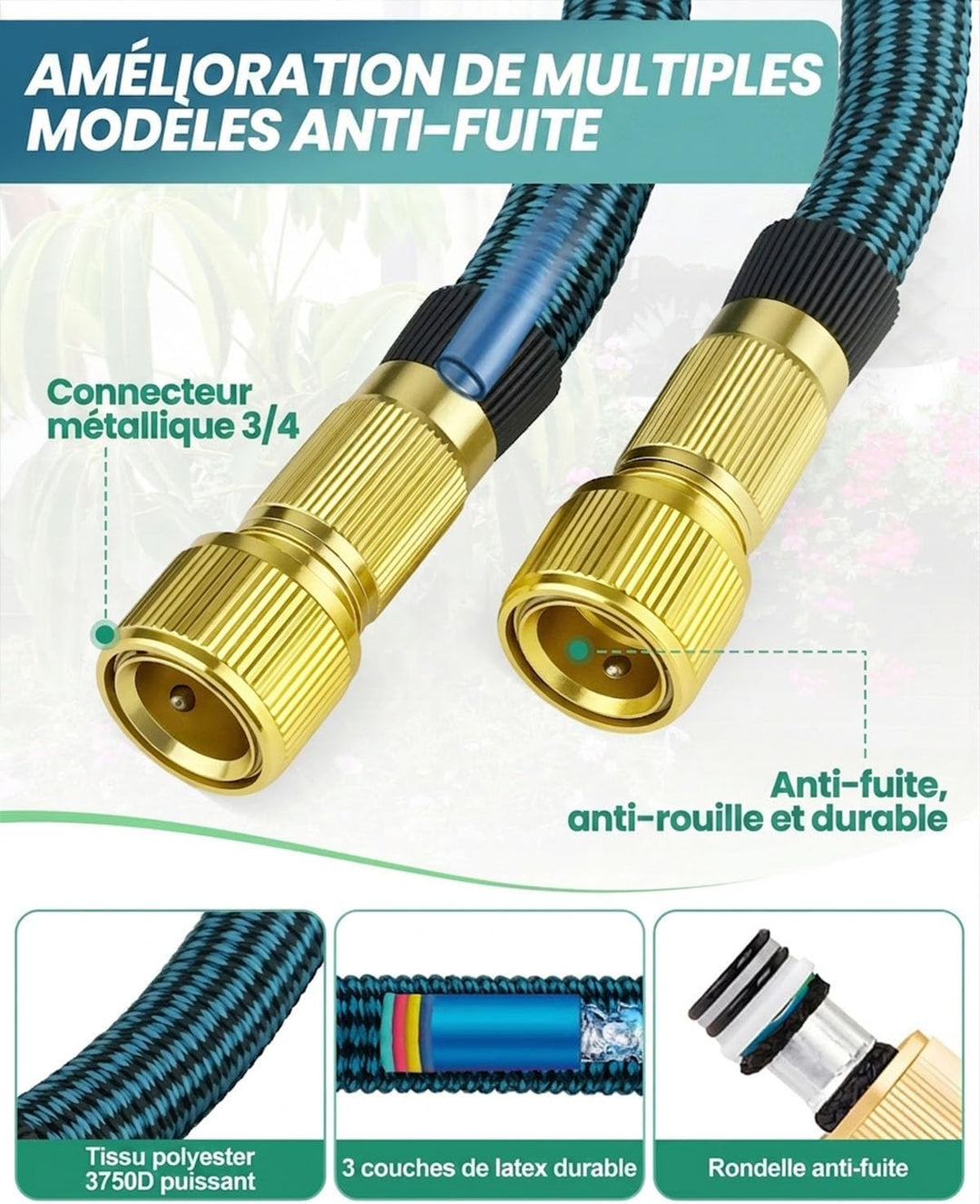 Flexibler Gartenschlauch 30M/100FT, Wasserschlauch 3/4 zoll und 1/2 zoll mit 10-Funktions-Düse, dehn