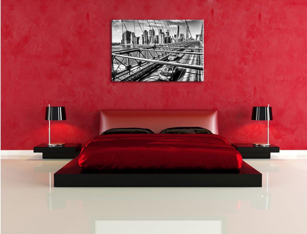 Pixxprint Monocrome, Gelbes Taxi in New York auf Brücke, Format: 100x70 auf Leinwand, 100x70
