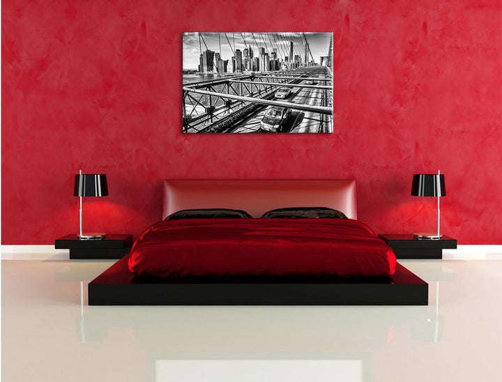 Pixxprint Monocrome, Gelbes Taxi in New York auf Brücke, Format: 100x70 auf Leinwand, 100x70