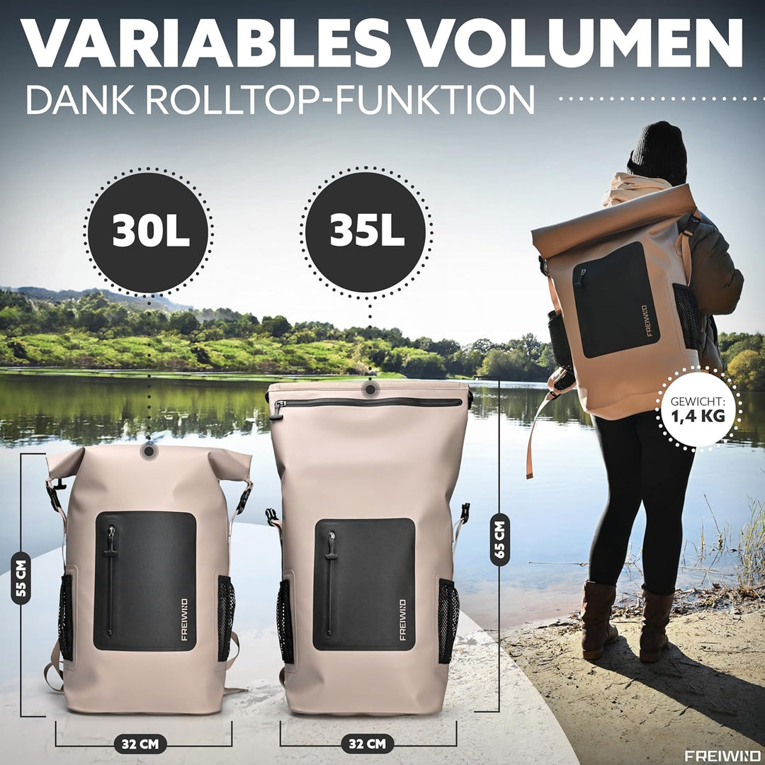 wasserdichter Rucksack tauchfähig - 100% sicher, 30-35l Volumen inkl. 17" Laptopfach und Rolltop, Ru