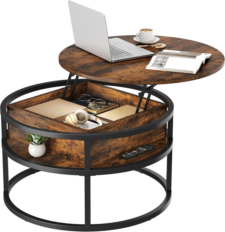 YITAHOME Couchtisch Rund mit Hebeplatte, Wohnzimmertisch mit verstecktem Ablagefach, Beistelltisch R
