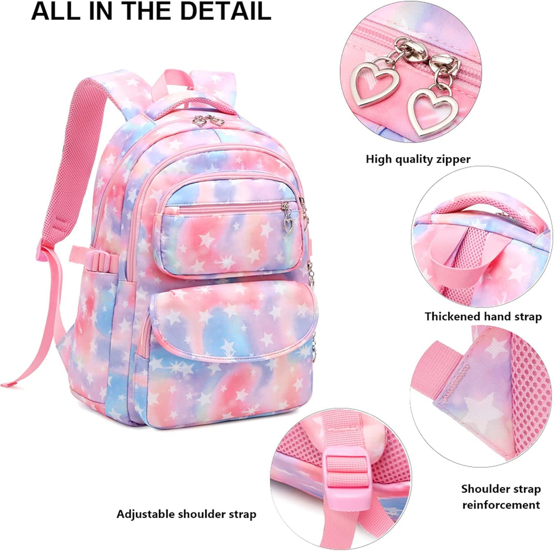 SIVENKE 3 Set Schultasche Sternendruck Wasserdicht Schulrucksack mit Lunchbox-Tasche & Federmäppchen