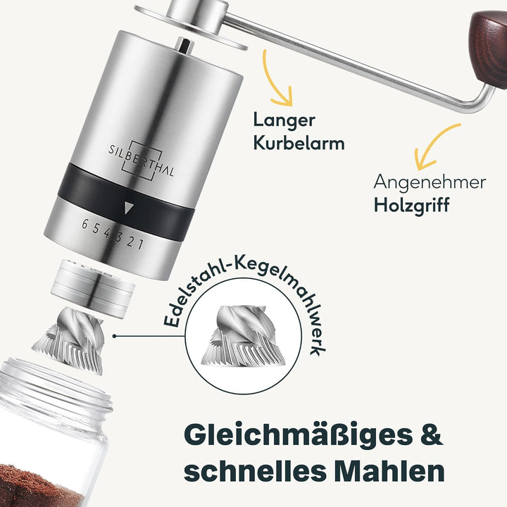 SILBERTHAL Kaffeemühle Manuell Kegelmahlwerk - Verstellbarer Mahlgrad - Handmühle aus Edelstahl und
