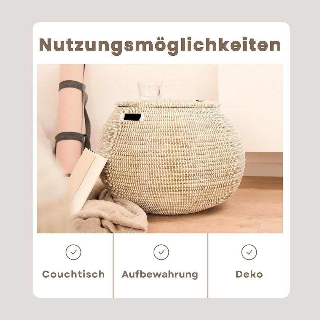YAADU geflochtener Korb mit Deckel – Aufbewahrungskorb für Decken & Spielzeug, Afrikanischer Dekokor