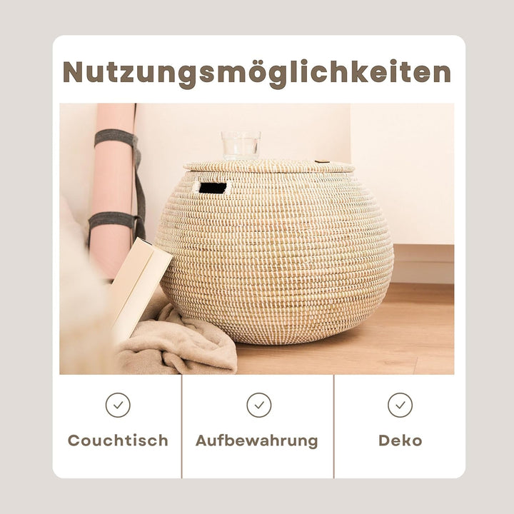 YAADU geflochtener Korb mit Deckel – Aufbewahrungskorb für Decken & Spielzeug, Afrikanischer Dekokor