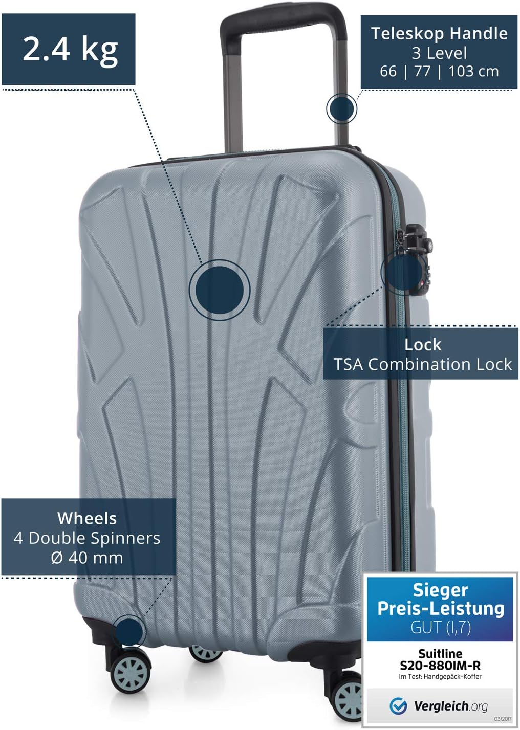 suitline Handgepäck Hartschalen-Koffer Koffer Trolley Rollkoffer Reisekoffer, TSA, 55 cm, ca. 34 Lit