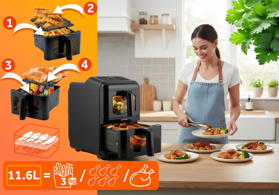 Berdsen Heissluftfritteuse Airfryer - 11,6 l - Doppelkammer vertikal 2 x 5,8 l - 3000 W, 9 Programme