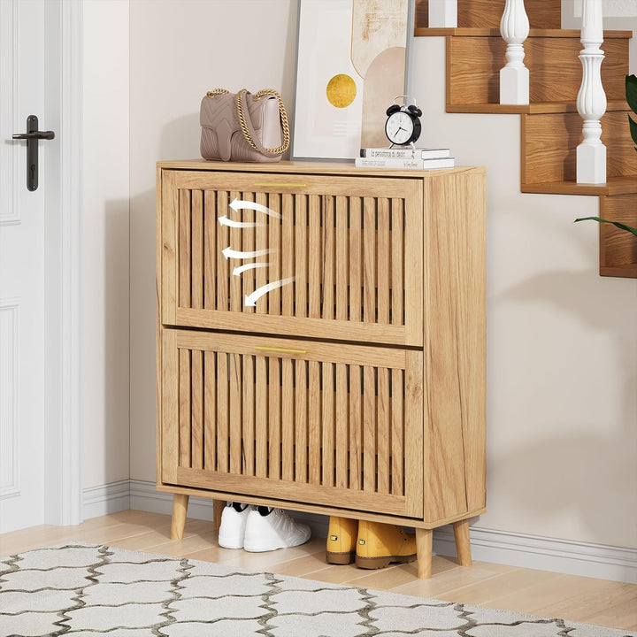 Schuhschrank mit Lamellen und 2 Klappschubladen, schmaler Schuhschrank für den Eingangsbereich, frei