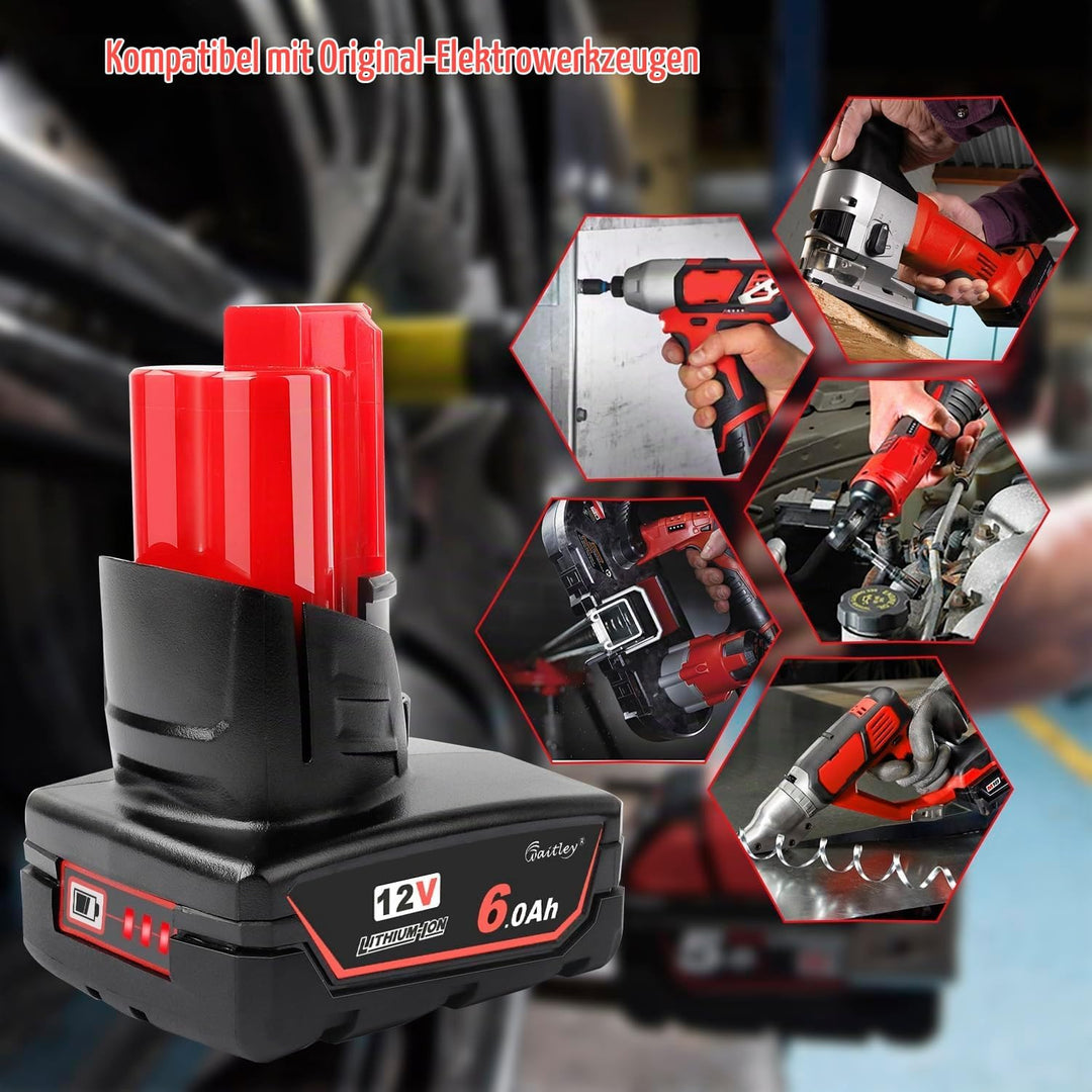 Waitley M12 12V 6Ah Ersatzakku für Milwaukee M12 Li-ion Akku 48-11-2411 48-11-2440 48-11-2402 Werkze