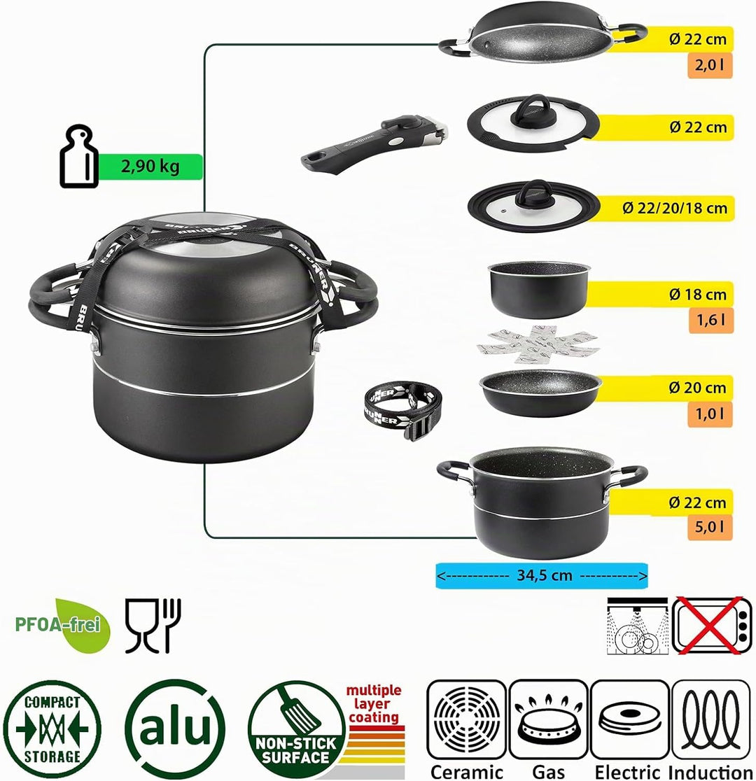 BRUNNER Camping Kochgeschirr-Set Alu (Töpfe und Pfannen) - ø 20, 22 oder 24-cm Pirate Vakublock - 4