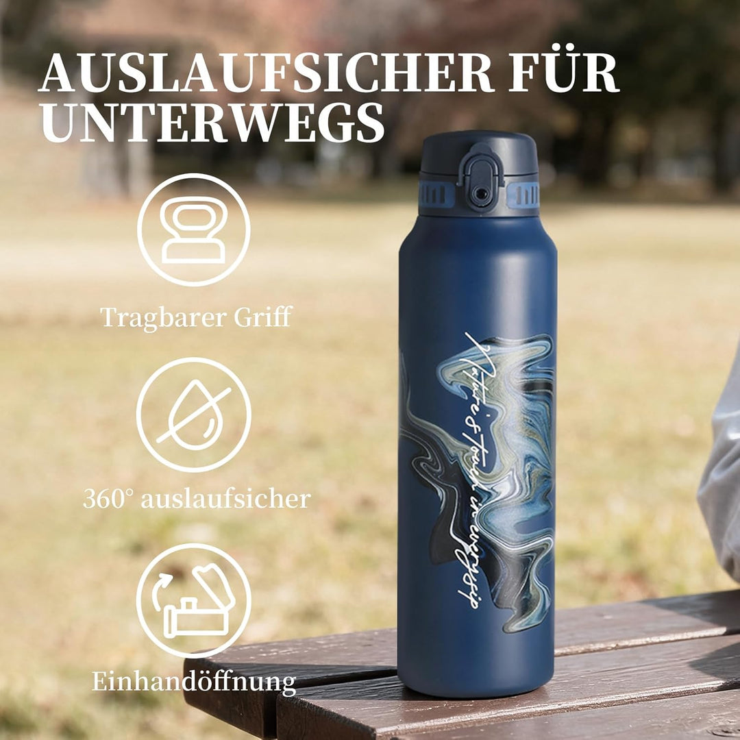 UZSPACE Edelstahl Trinkflasche 1l (970ml), Isolierte Thermosflasche mit 1-Klick-Öffnung, 100% Auslau