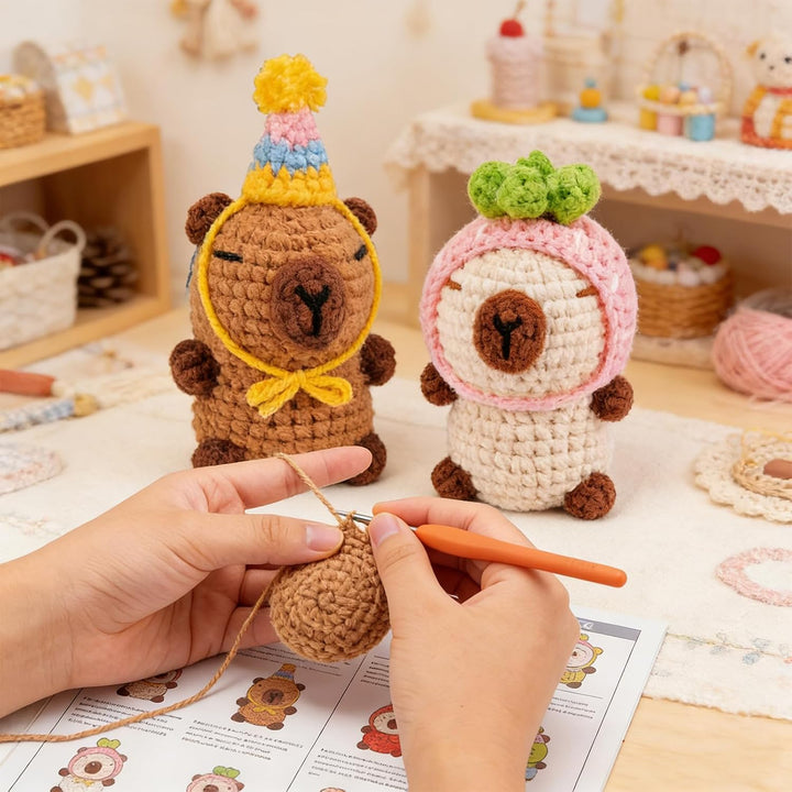 Hoypeyfiy Häkel-Set, Capybara-Stil Komplettes Häkeltiere Set mit Video-Anleitung Einfache Häkelanlei