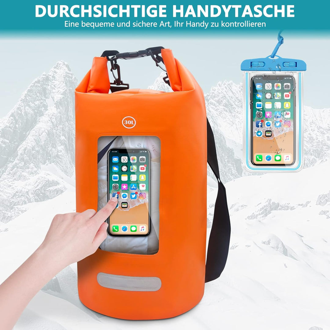 wasserdichte Tasche für Wassersport, 10L/20L/30L Dry Bag mit Handy Tasche, Wasserfester Rucksack, Le