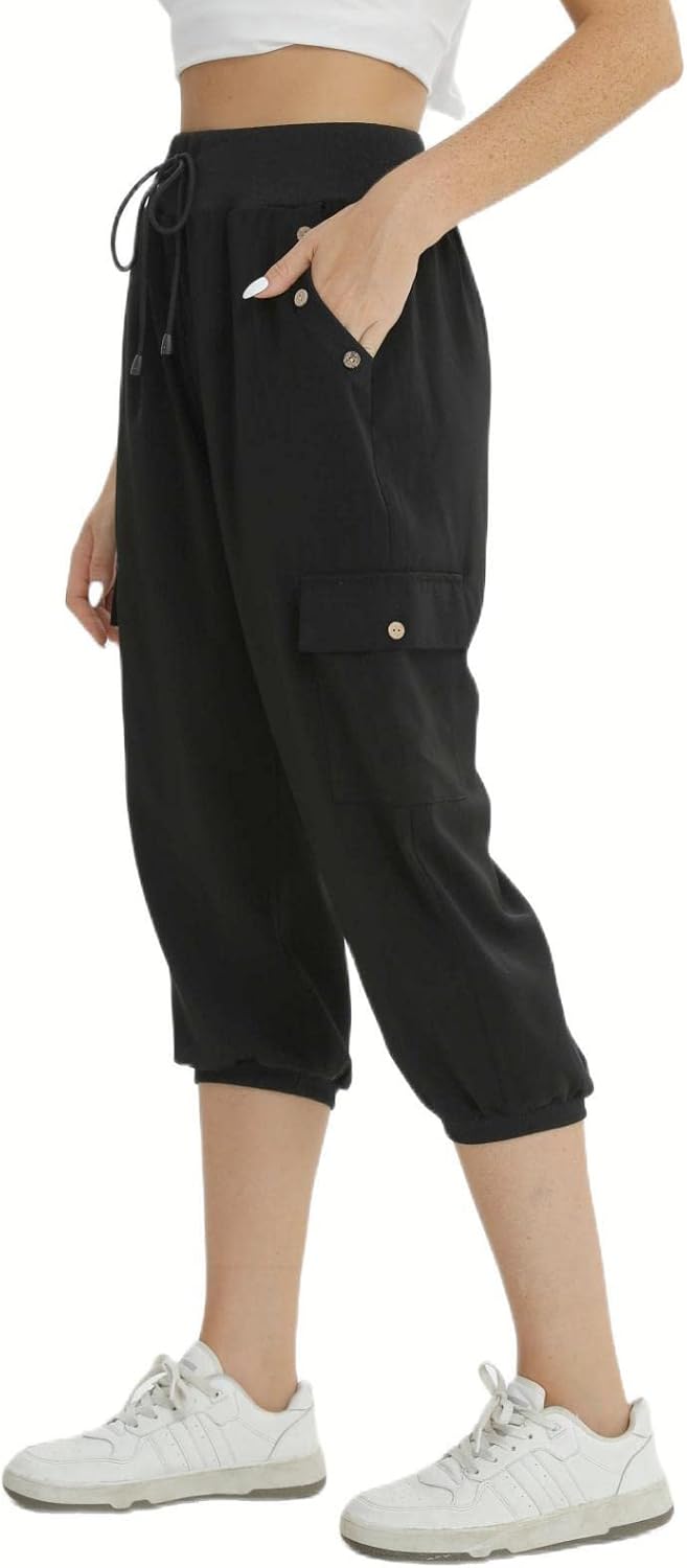 fuinloth 3/4 Hose Damen, Sommer Caprihose Dreiviertel Cargo Hosen Frauen Gummizug Leicht 38-40 Schwa