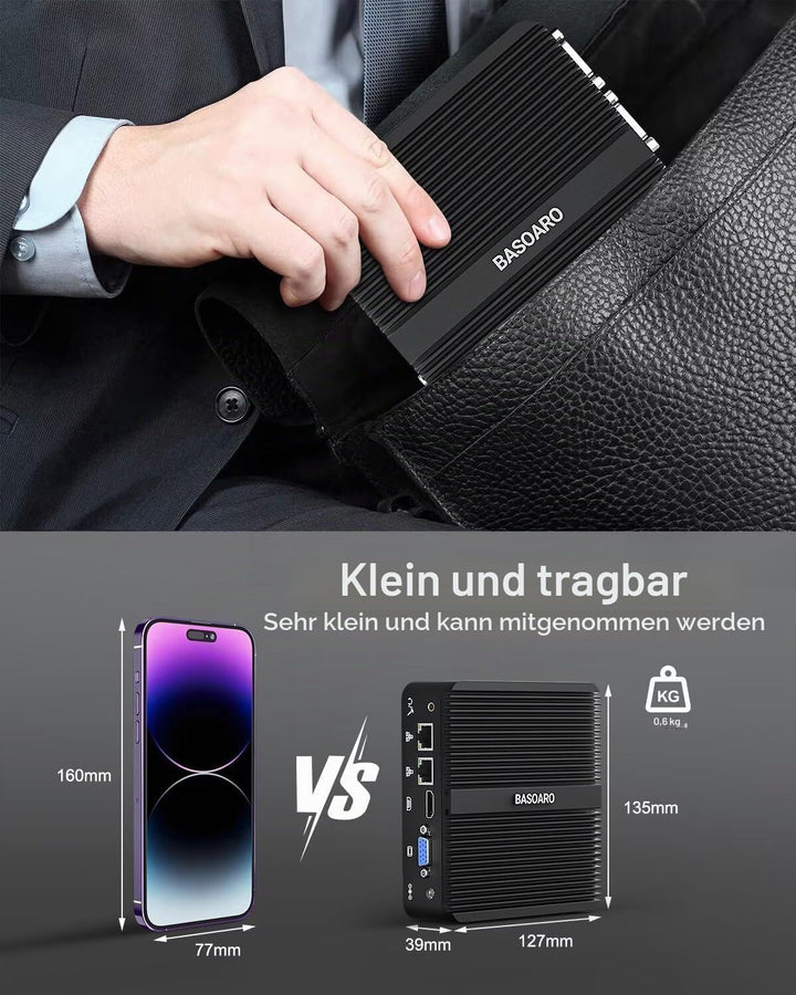 BASOARO Mini Desktop PC, Industrie PC, Celeron J4125, 8G RAM 128G SSD, Gigabit Ethernet, HD/VGA, 2*R