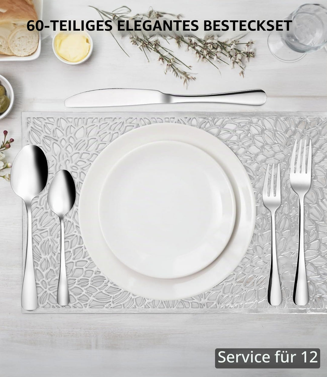 Besteck Set 12 Personen, 60 teilig Edelstahl Bestecksets, mit Steakmesser, Elegantes Essbesteck, Hoc