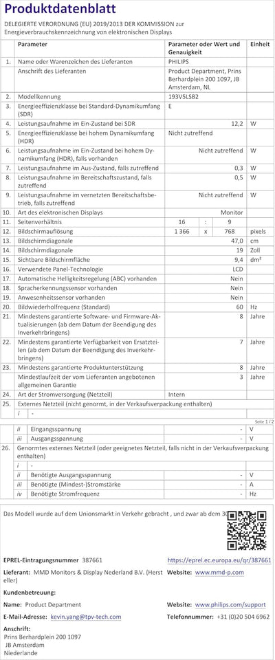 Philips 193V5LSB2/10 47 cm (18,5 Zoll) Monitor (VGA, TN Panel, 1366 x 768, 60 Hz, ohne Lautsprecher)