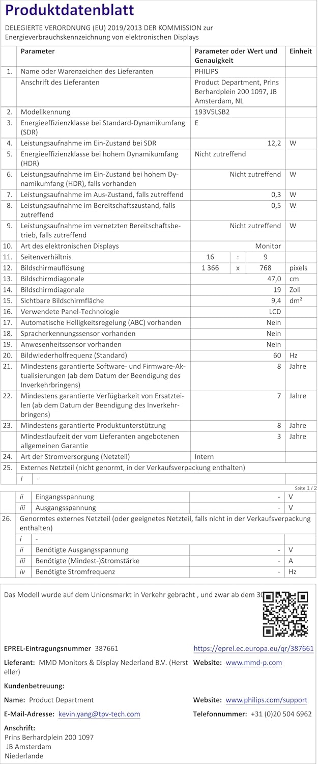 Philips 193V5LSB2/10 47 cm (18,5 Zoll) Monitor (VGA, TN Panel, 1366 x 768, 60 Hz, ohne Lautsprecher)