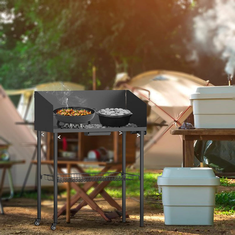 Onlyfire Dutch Oven Tisch 76 * 41cm, Outdoor Grillwagen Grilltisch mit Windschutz, Abstellfläche für