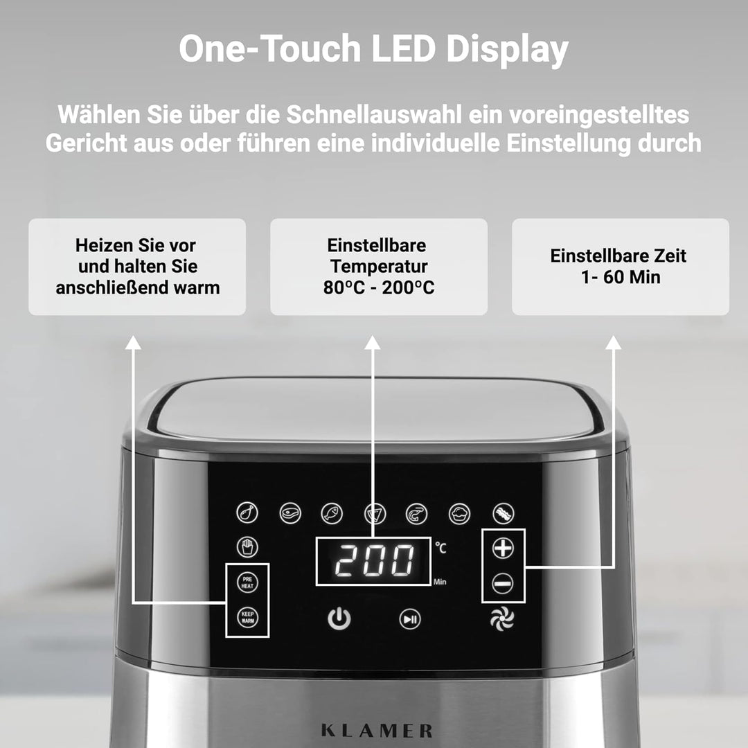 KLAMER Heissluftfritteuse 3,5L, Multifunktionale Mini Heissluftfritteuse, ölfreie Fritteuse, 1500W A