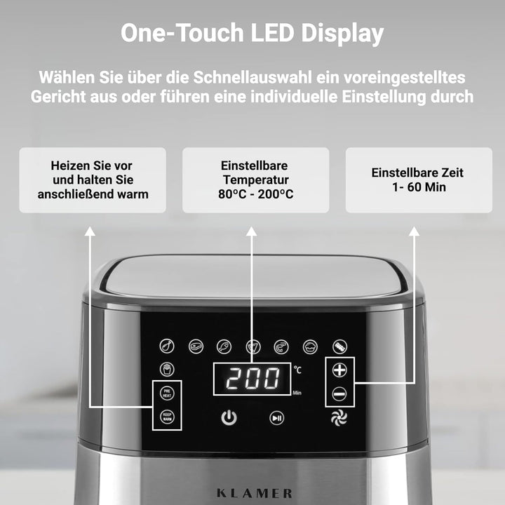 KLAMER Heissluftfritteuse 3,5L, Multifunktionale Mini Heissluftfritteuse, ölfreie Fritteuse, 1500W A