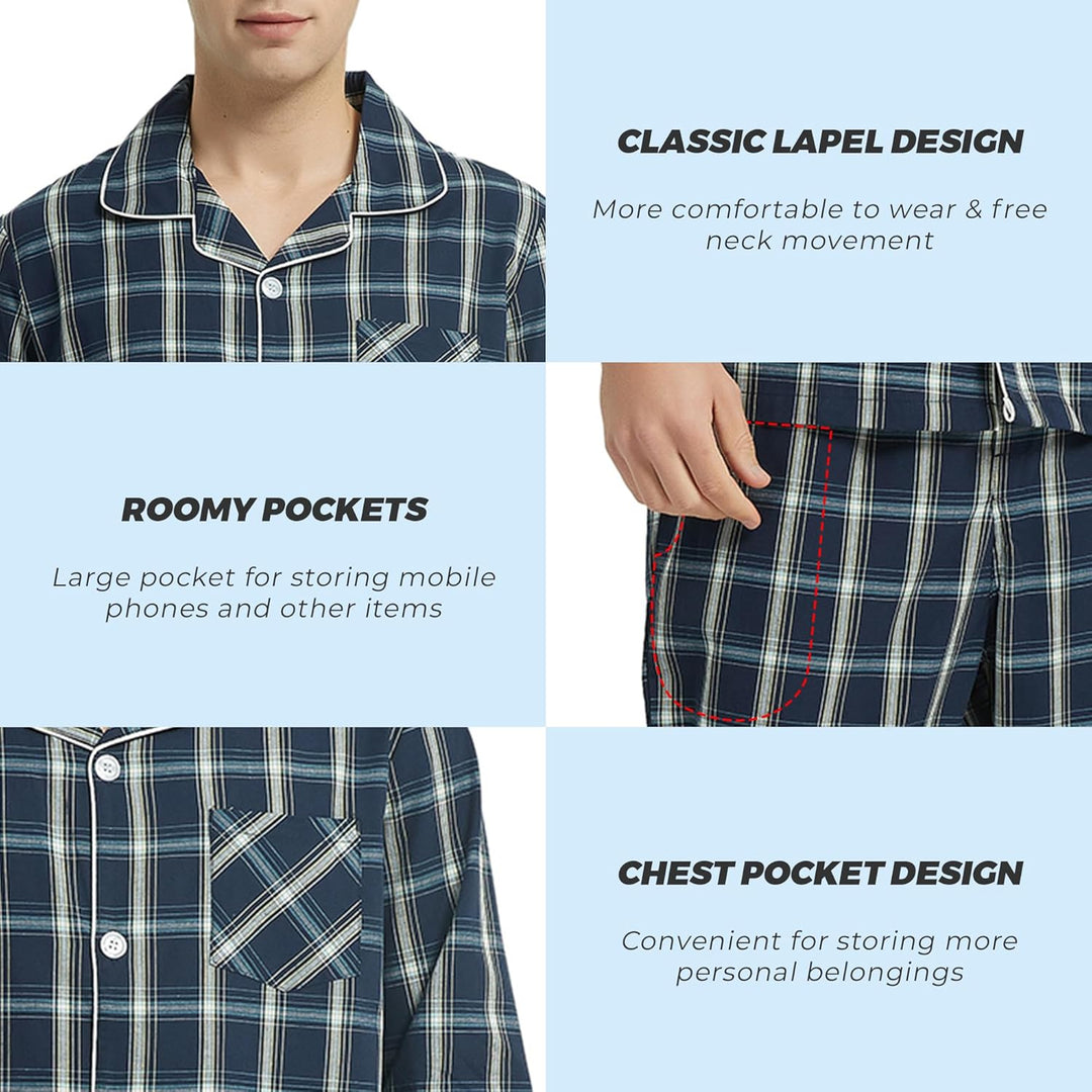 Vulcanodon Pyjama Herren 100% Baumwolle Schlafanzug lang Set kariert mit Knopfleiste weiche Nachtwäs