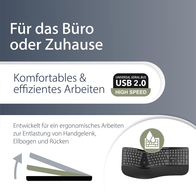 MediaRange Ergonomische Tastatur, kabelgebundene Multimedia-Tastatur mit 124 Tasten und Scroll-Rad,
