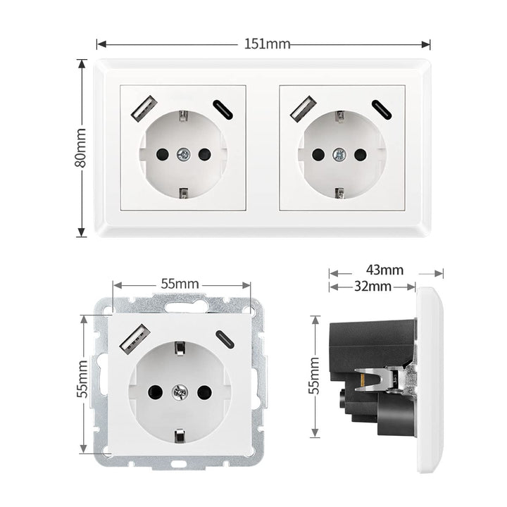 Kaifire Doppelsteckdose mit 2 USB Ladegerät und 2 Typ C, Schuko USB Steckdose Unterputz System 55 Re