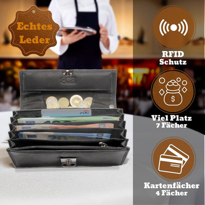 Echt Leder Kellner Geldbörse Profi Kellnerportemonnaie weich RFID | Kellnerbörse (18,5 x 9,5 x 4,5cm