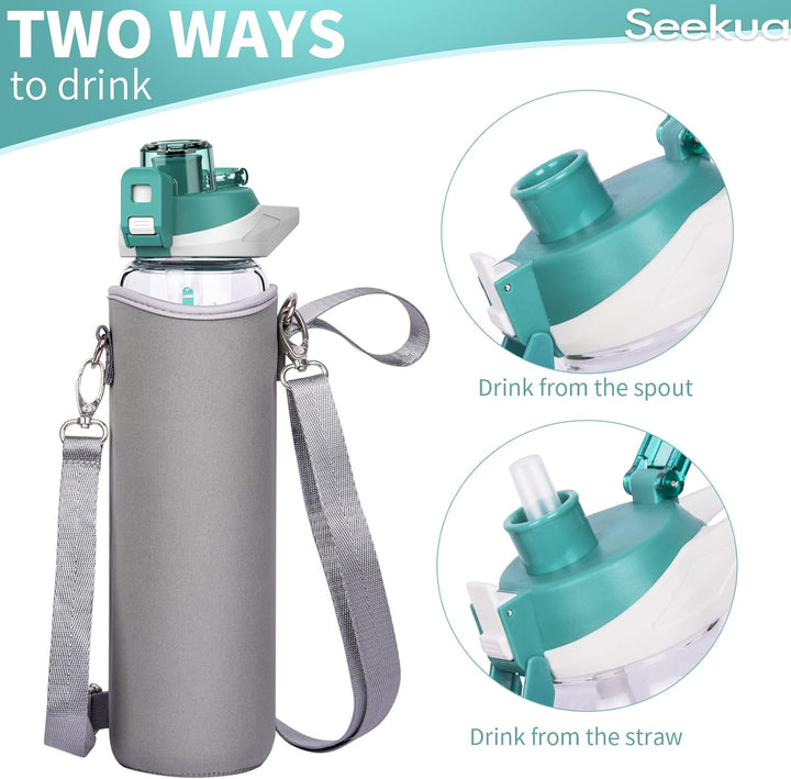 Seekua 1l Sport Trinkflasche Glas Flasche mit Strohhalm & Zeitmarkierung auslaufsicher bpa frei 1 li